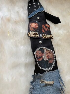 Custom Chris Brown & Usher Tribute Fabric neck tie  - Black with Denim & Pearls